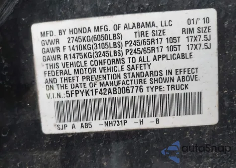 2010 Honda Ridgeline Rts из США, поврежденный, VIN 5FPYK1F42AB006776